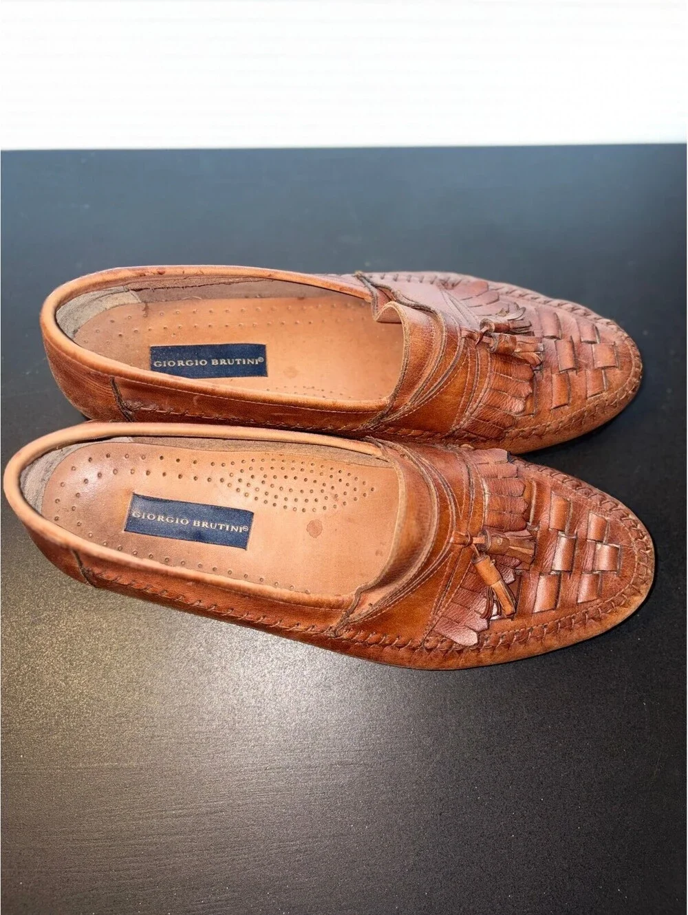 Vintage 90s Giorgio Brutini 13D Brown Woven Leather Kiltie Tassel Loafers 1286